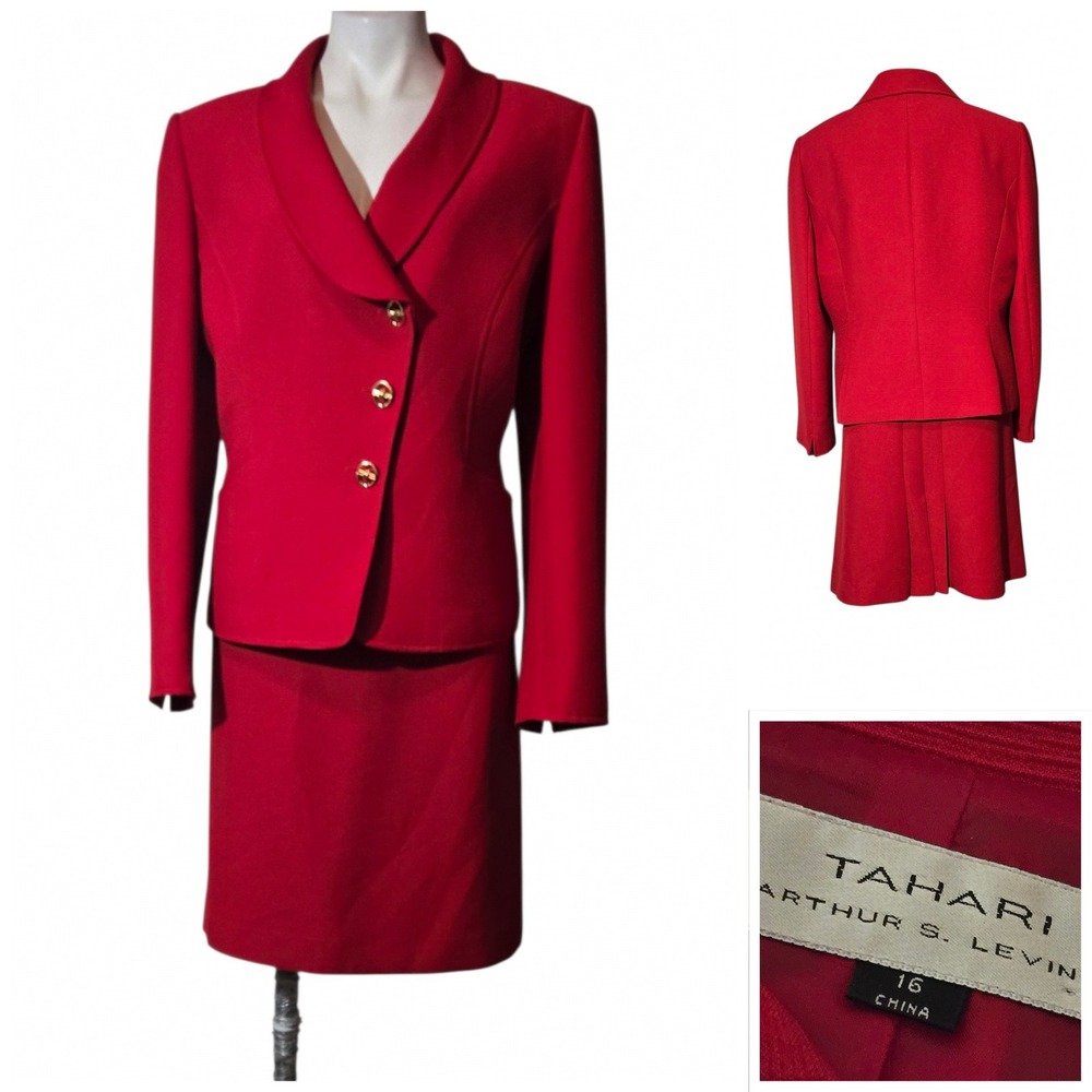 Tahari ASL Red Ribbed Skirt Suit Set Shawl Collar Gold Buttons fall church sz 16